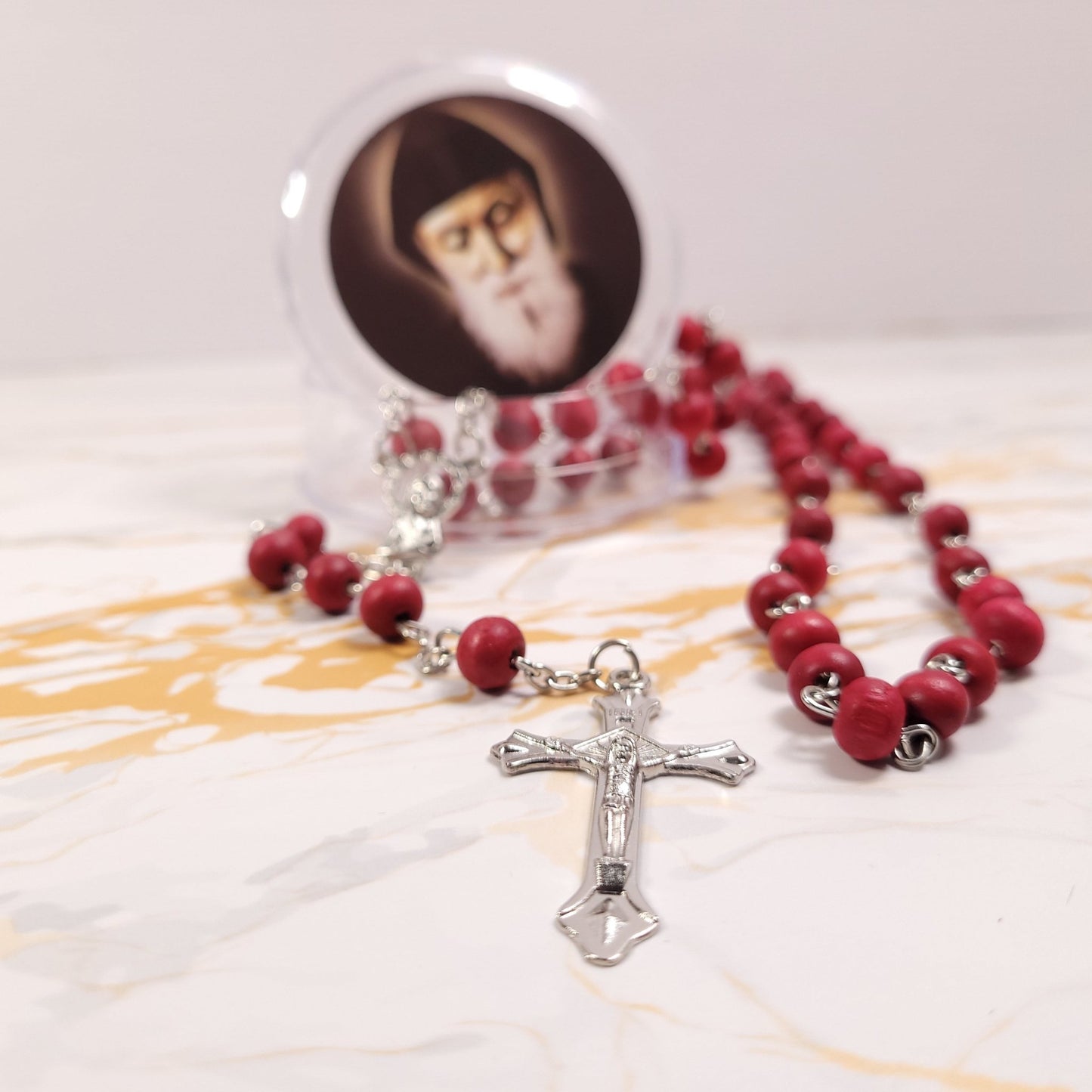 Saint Charbel Rose Wood Rosary