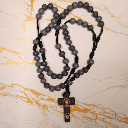 Saint Charbel & Jesus wood rosary (Gray)