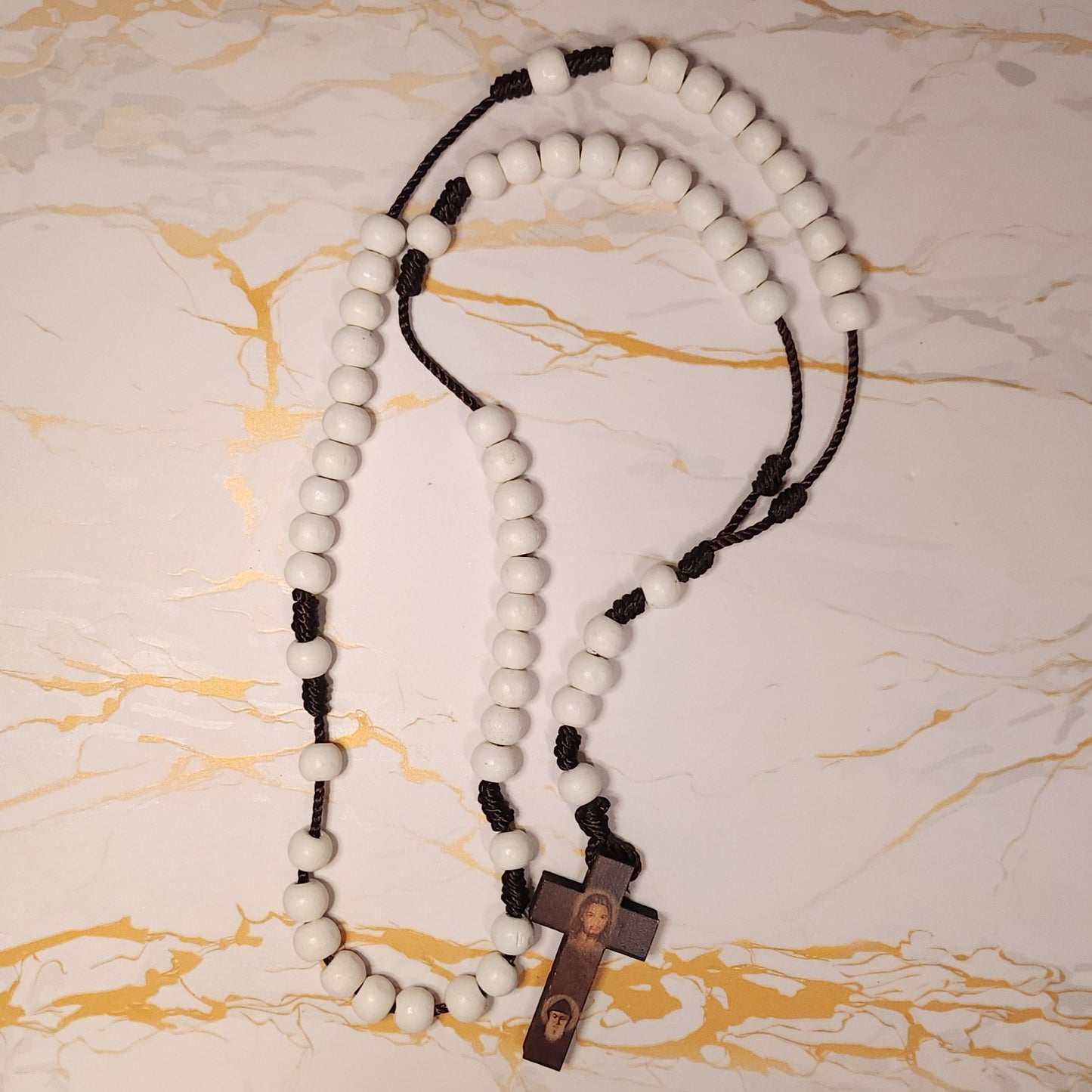 Saint Charbel & Jesus wood rosary (White)