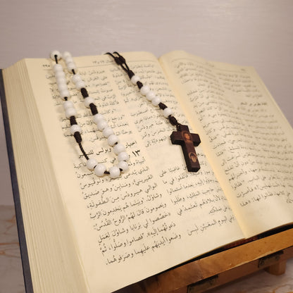 Saint Charbel & Jesus wood rosary (White)