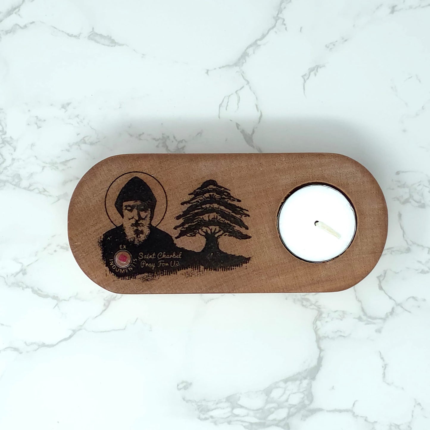 Saint Charbel Wooden Candle Holder Reliquary