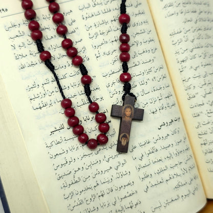Saint Charbel & Jesus wood rosary