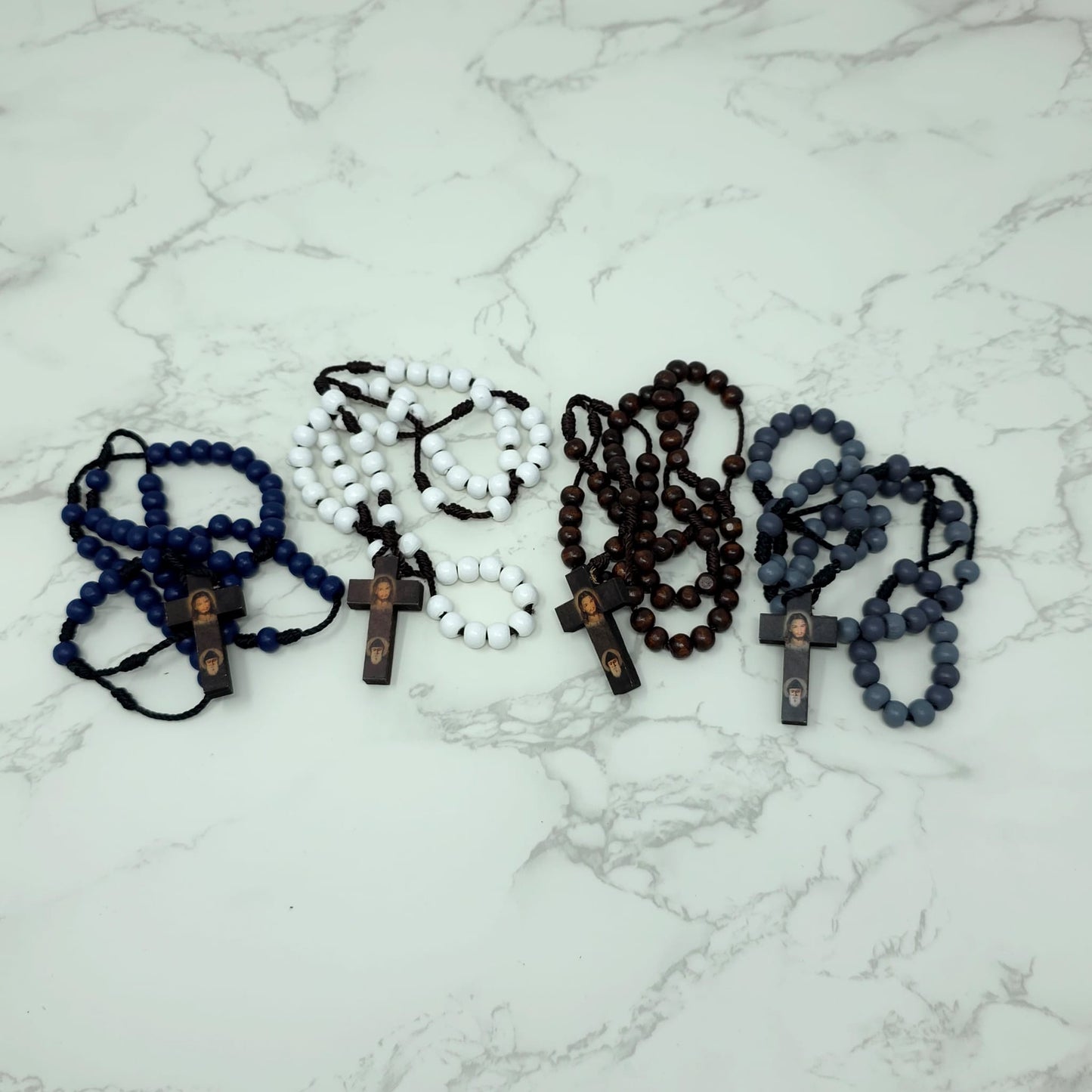 Saint Charbel & Jesus wood rosary