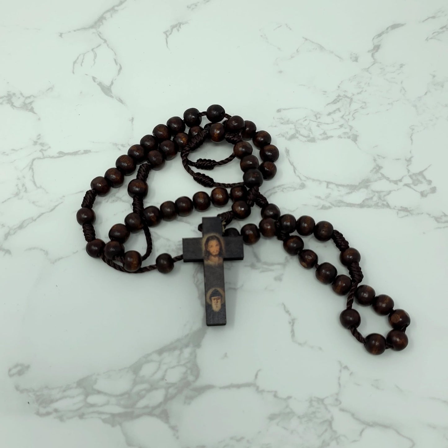 Saint Charbel & Jesus wood rosary