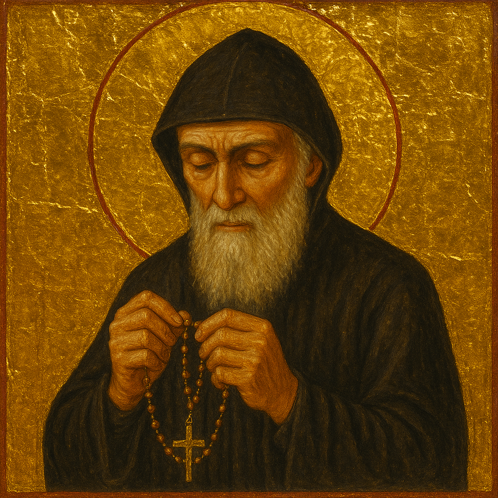 Saint Charbel (Sharbel) praying the rosary, gold icon Byzantine Maronite style 